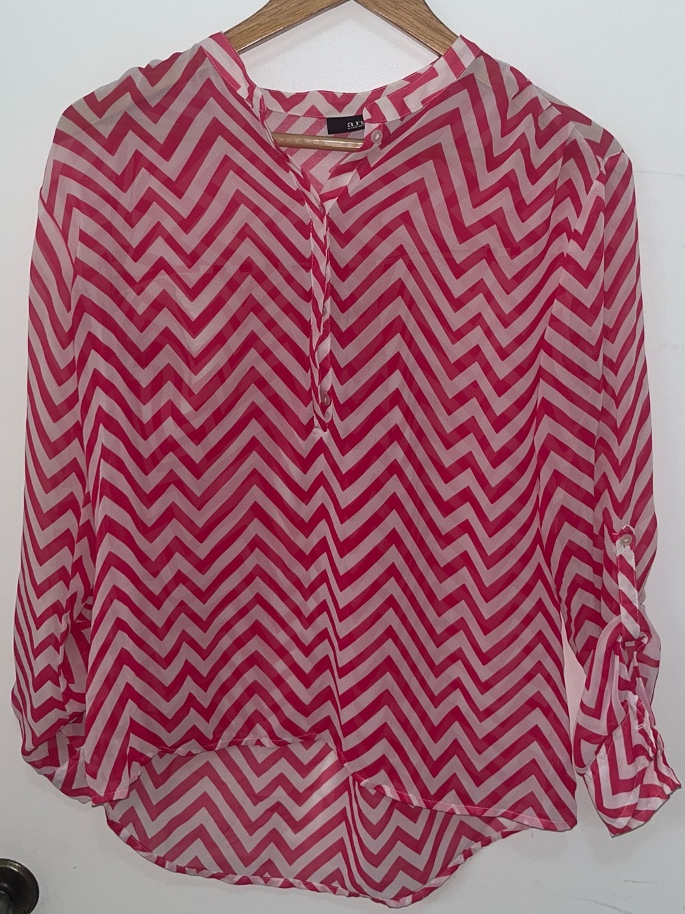 Chevron Semi-Sheer Roll-Tab Blouse - Pink and White